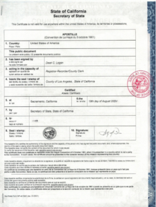 State of California Apostille Certificate